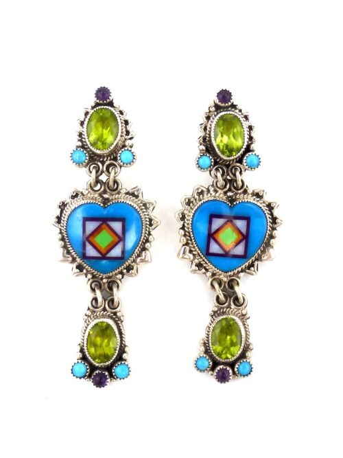 Blue-Turquoise-Blossomcrown-3-Stone-Dangle-Heart-Earrings-Peridot