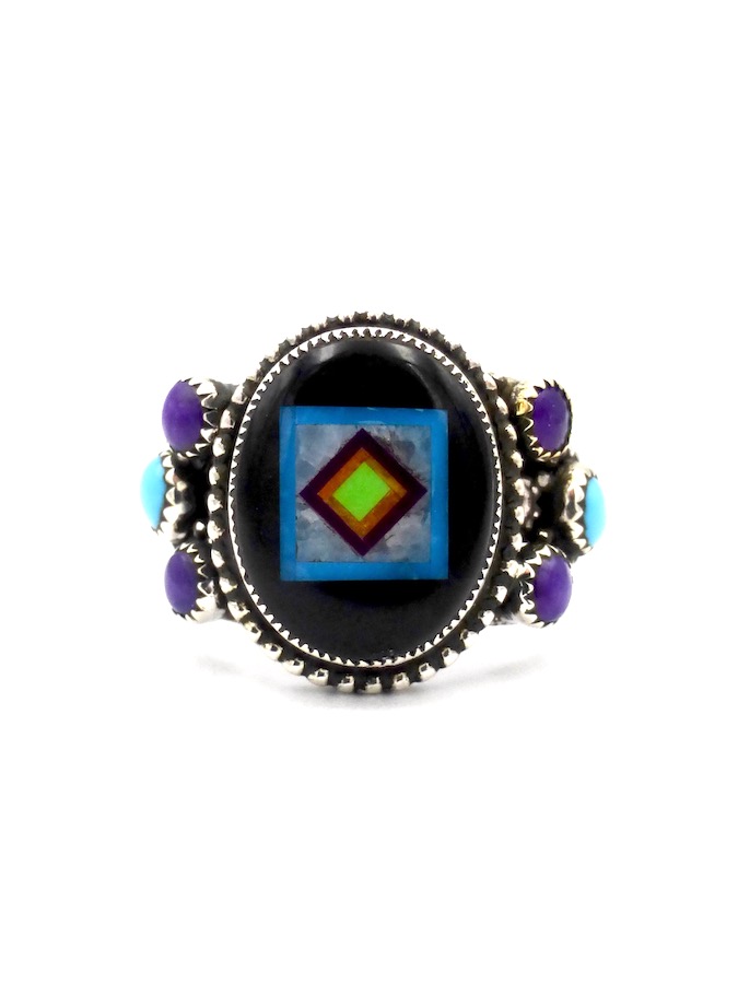 Black-Blossomcrown-Oval-Ring-3Stone-Sugilite-Turquoise-Ring