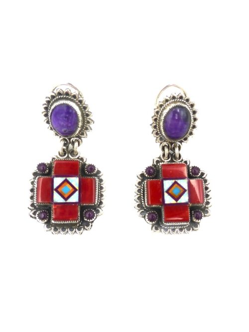 Red-Coral-Blossomcrown-Cross-Earrings-Sugilite-Round-Top