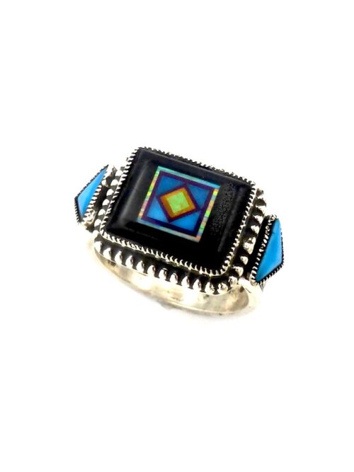 Jet-Rectangle-Blossomcrown-Ring-Turquoise-Triangles
