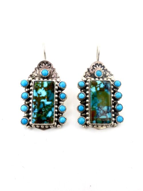 Rectangle-Polychrome-Turquoise-Earrings-Stamped-Blue-Turquoise-Rounds